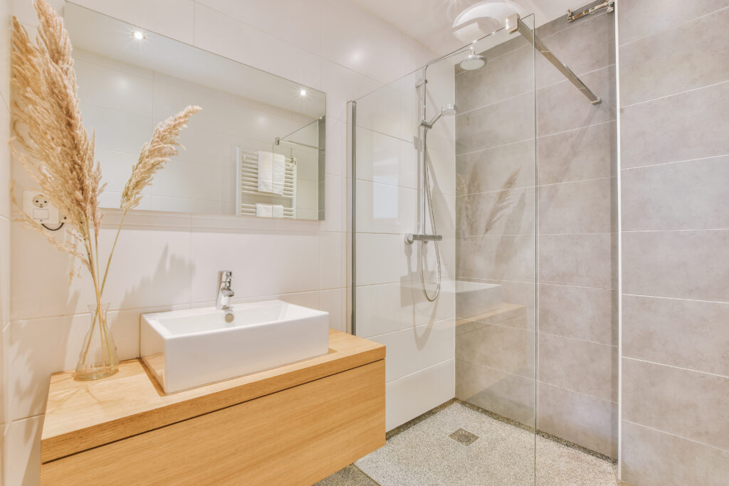 Modern walk-in shower setup showing a clean, easy-to-use space for safe and simple bathing.